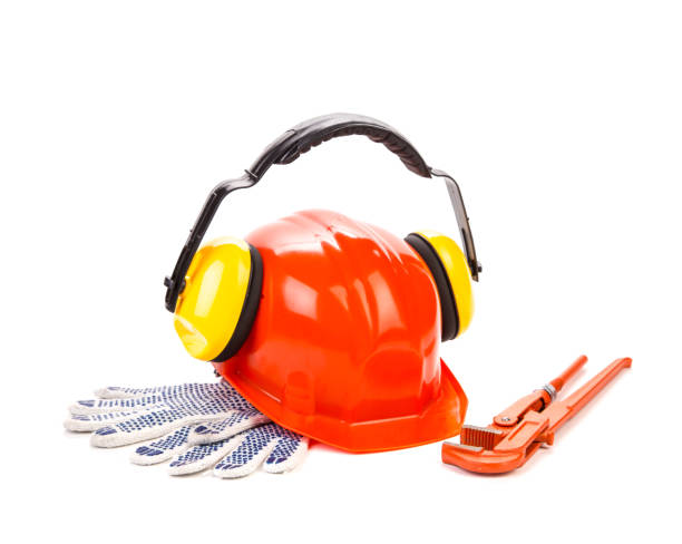 istock Close-up of set of protective items and tools for workers. 1361214086