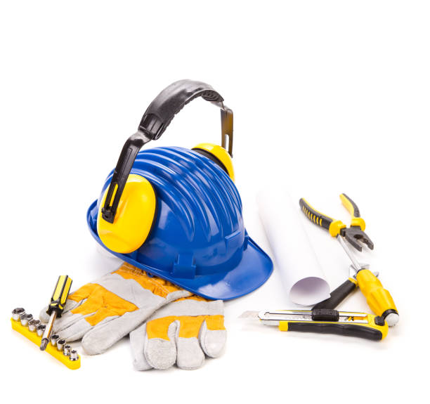 istock Close-up of set of protective items and tools for workers. 1361214237