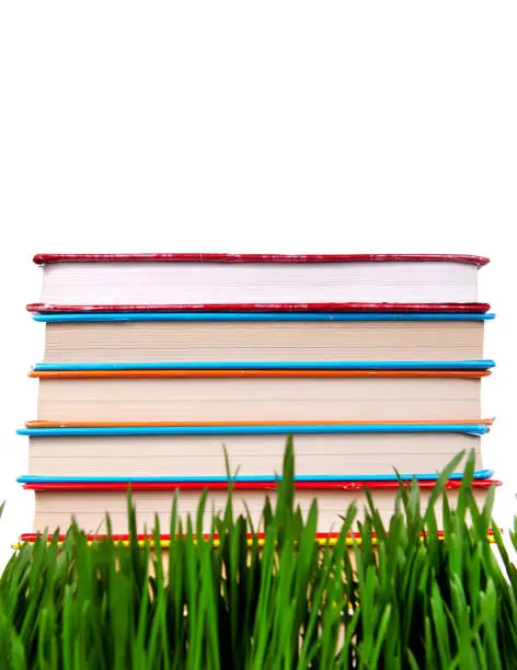 Pile of the Books on the Fresh Grass on the White Background Closeup