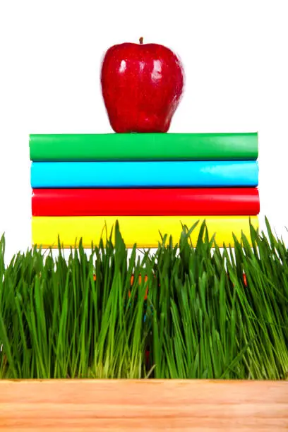 Pile of the Books and Apple on the Fresh Grass on the White Background