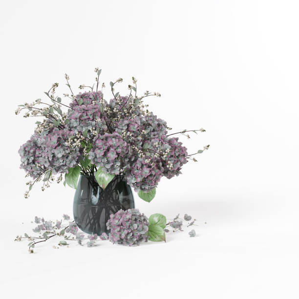 istock Decorative hydrangea purple in glass gray vase isolated on white background. 1361216122
