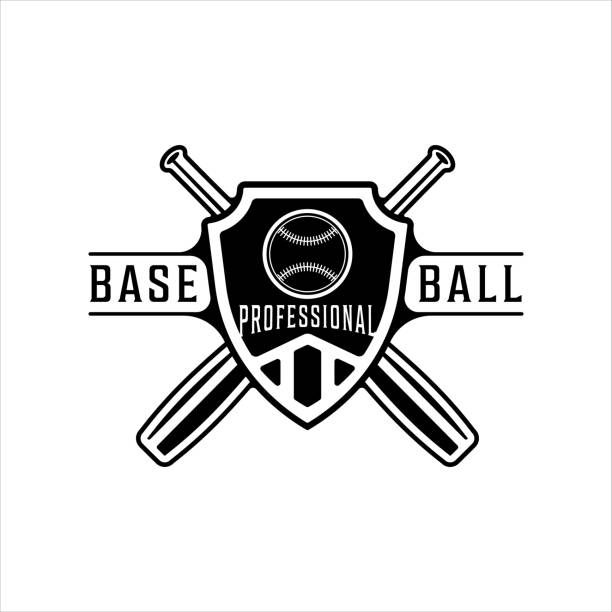 ilustrações, clipart, desenhos animados e ícones de design gráfico do ícone do vetor de logotipo de beisebol. bola e bat retro emblema silhueta esportiva para clube profissional e academia com tipografia escudo crachá - baseball batting bat fielder