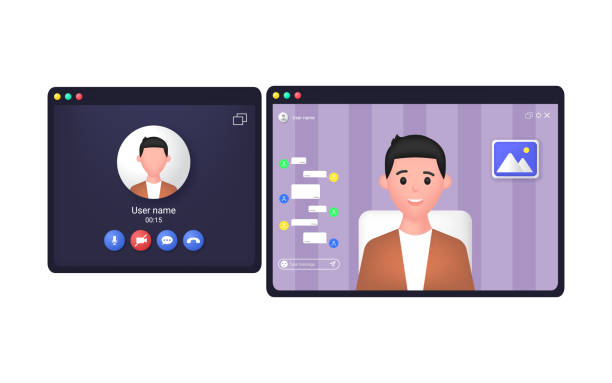 Video call screen with user avatar and enhanced video chat interface. Video call screen with user avatar and enhanced video chat interface. Vector flat illustration seminar classroom lecture hall university stock illustrations