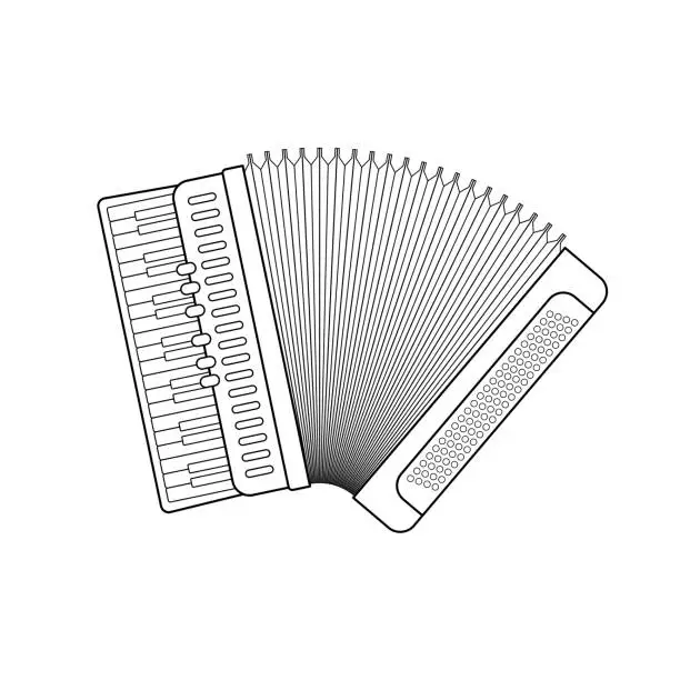 Vector illustration of Black and white vector illustration of children's activity coloring book pages with pictures of Instrument accordion.