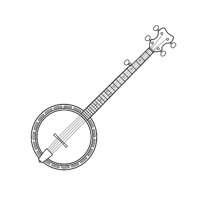 Black and white vector illustration of children's activity coloring book pages with pictures of Instrument banjo.