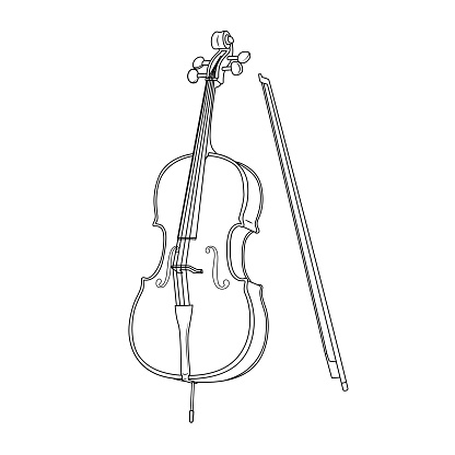 Black and white vector illustration of children's activity coloring book pages with pictures of Instrument cello.