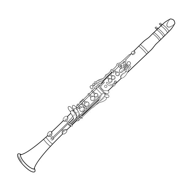 czarno-biała ilustracja wektorowa aktywności dzieci kolorowanki ze zdjęciami klarnetu instrumentalnego. - musical instrument stock illustrations