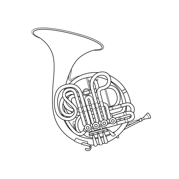 schwarz-weiß-vektorillustration von kinderaktivitäten malbuchseiten mit bildern von instrument waldhorn. - trumpet musical instrument music brass stock-grafiken, -clipart, -cartoons und -symbole