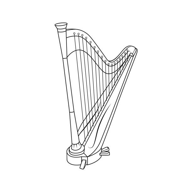 stockillustraties, clipart, cartoons en iconen met black and white vector illustration of children's activity coloring book pages with pictures of instrument harp. - harp