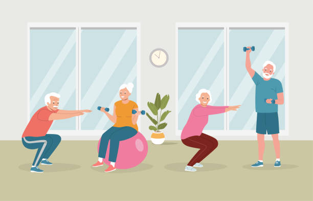 Elderly men and women doing exercises at modern gym. Flat style cartoon vector illustration. Elderly men and women doing exercises at modern gym. Flat style cartoon vector illustration. cartoon of the older people exercising gym stock illustrations