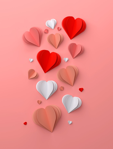 Origami Heart Shapes And Valentine's Day Background. Flying heart shapes on pink background.