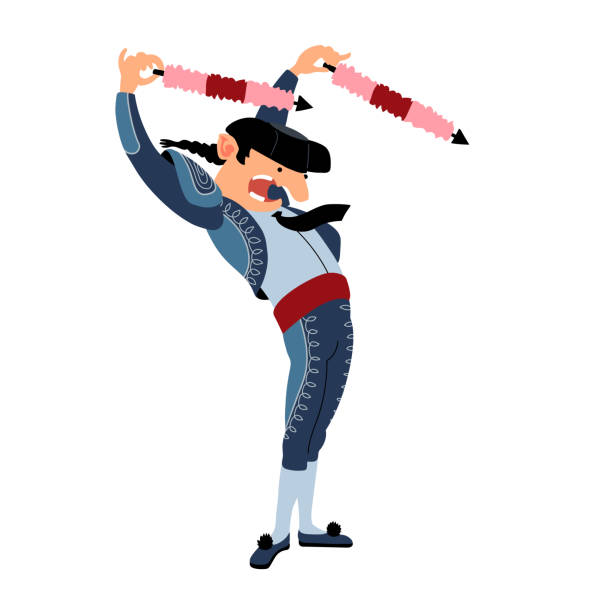 A brave screaming banderillero with banderillas, a Spanish bullfighting character. Caricature. A brave screaming banderillero with banderillas, a Spanish bullfighting character. Caricature. Color vector illustration isolated on a white background in a cartoon and flat design. banderilla stock illustrations