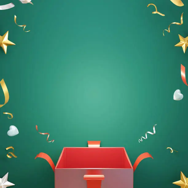 Surprise open red gift box on green background, Merry Christmas and Happy New Year,Sweepstakes, star,Ribbon, copy space.3d rendering"n