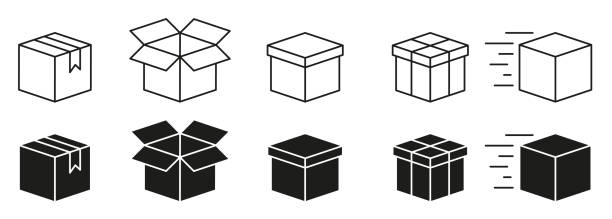 cardboard boxes line und silhouette icon set. symbol "paketsammlung öffnen und schließen". liefersymbol. kartons. bearbeitbarer strich. isolierte vektorillustration - schachtel stock-grafiken, -clipart, -cartoons und -symbole