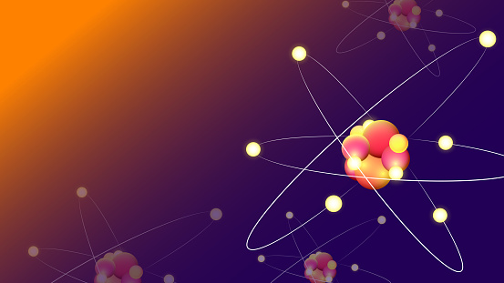 Glowing three-dimensional banner illustration - Atoms and elementary particles.