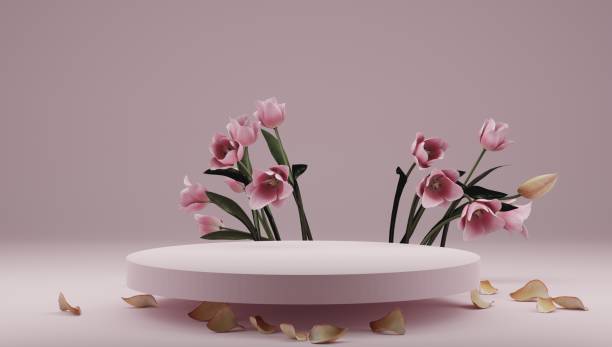 istock Abstract minimal scene with geometric forms. podium on colours background with flowers. product presentation, mock-up, cosmetic display, Podium, stage plinth or platform. 3d rendering. 1361261392