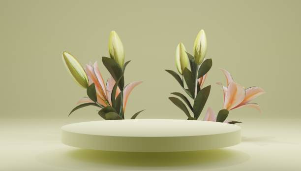 Podium, stand, showcase on pastel light, background and flowers. for premium product with nature plant, leaves.3d render. stock photo