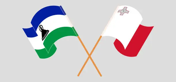Vector illustration of Crossed and waving flags of Kingdom of Lesotho and Malta