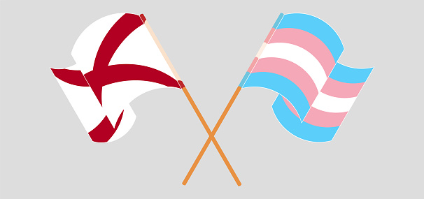 Crossed and waving flags of The State of Alabama and Transgender Pride. Vector illustration