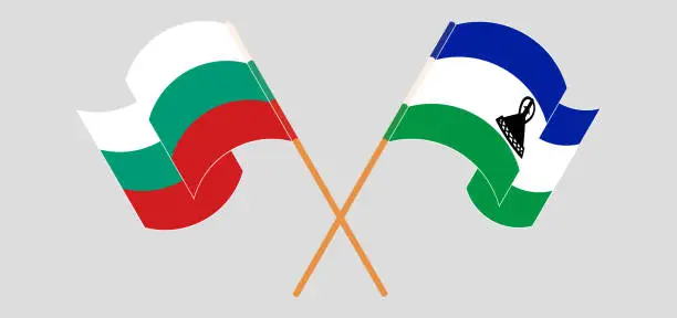 Vector illustration of Crossed and waving flags of Bulgaria and Kingdom of Lesotho