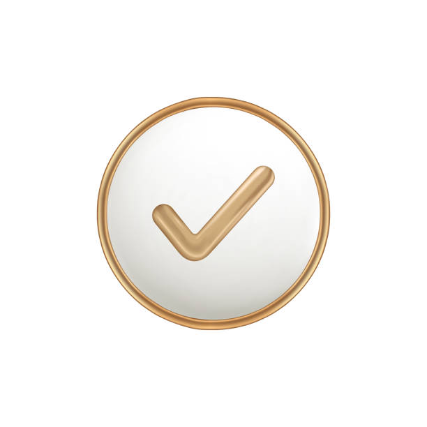 Golden check-mark in circle isolated on a white background. 3d render gold metallic sign. Golden check-mark in circle isolated on a white background. 3d render gold metallic sign. check mark metal three dimensional shape symbol stock illustrations