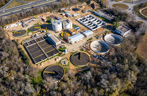 Aerial view of a water purification station viewed from above.