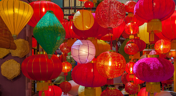 Colourful paper lantern hanging in the building or shopping mall.