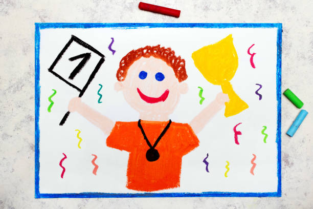 Colorful drawing:  Smiling boy holdilng a winner's cup. First place winner.