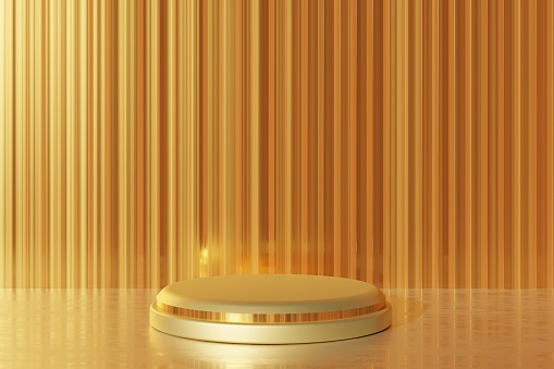 Platform product display advertising luxury elegant gold stand step slats battens interior shop minimal modern curve round backdrop scene event background props photo booth studio. 3D Illustration.