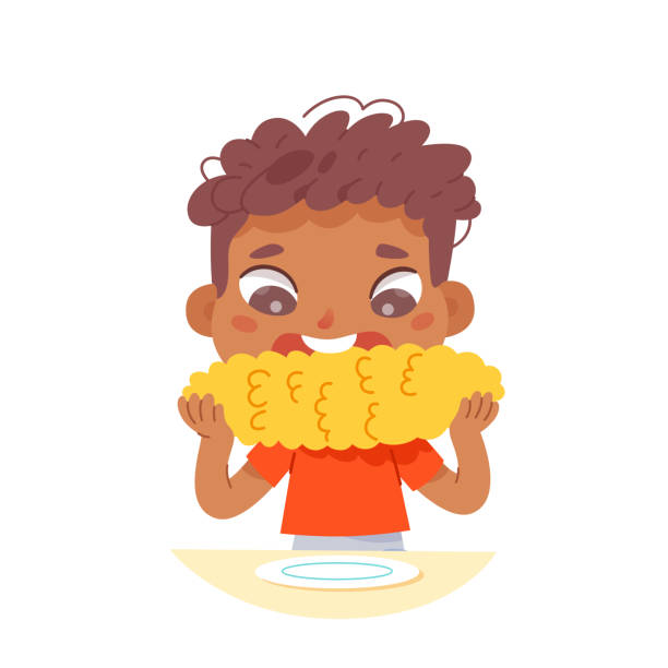 삶은 옥수수를 먹는 귀여운 소년, 점심 에 간식, 작은 아이 먹는 큰 옥수수를 들고 - corn on the cob corn cooked boiled stock illustrations