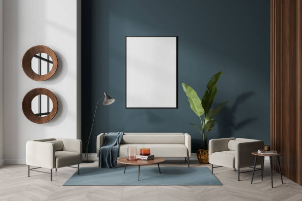 istock Light guest room interior with two armchairs and sofa, mockup poster 1361274469