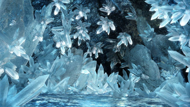 rendering 3d della grotta di ghiaccio di cristallo, sfondo astratto - cristallo foto e immagini stock