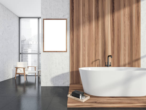 istock White and wood hotel bathroom with wall mockup 1361275217