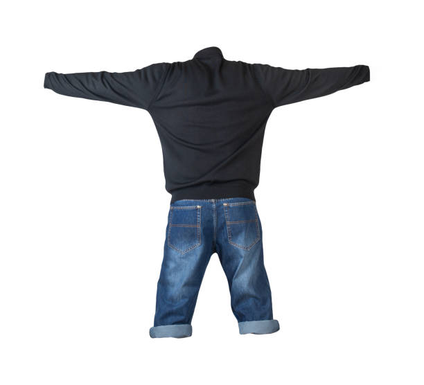 istock Denim Dark blue shorts and knitted sweater with collar on buttons isolated on white background. 1361275552