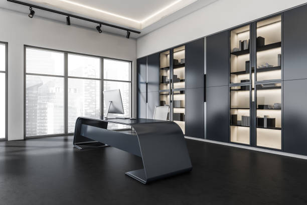 istock Corner of white and blue CEO office 1361276327