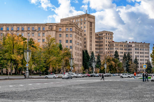 View from Svobody Square to the building of V.N. Karazin Kharkiv National University on a cloudy autumn day stock photo