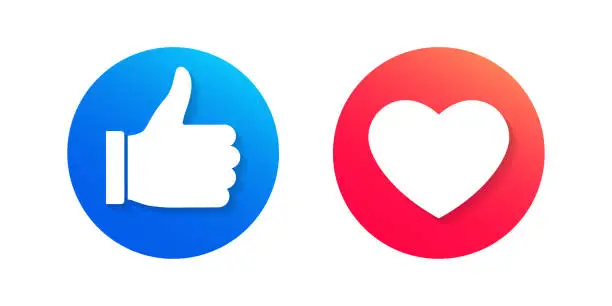 Vector illustration of Like icons with thumb up and heart. Social media button symbols. Love and hand with finger circle signs. Vector illustration.