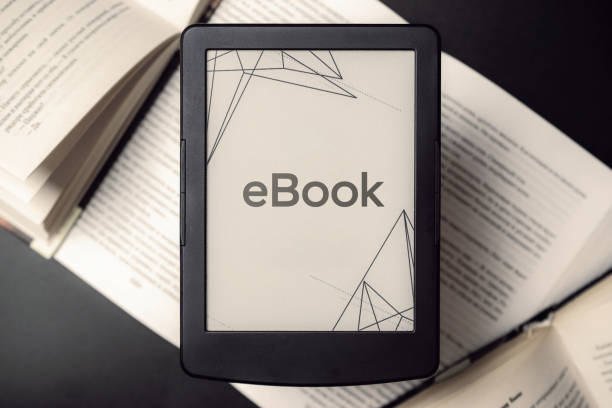 Ebook template. Digital book, library reader tablet with books on dark background. Online learning, home school concept.
