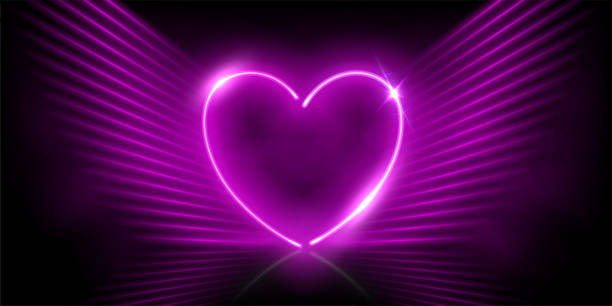 Glowing neon purple heart with wings and sparkles in fog abstract background. Electric light frame. Geometric fashion design vector illustration. Empty minimal abstract art decoration Glowing neon purple heart with wings and sparkles in fog abstract background. Electric light frame. Geometric fashion design vector illustration. Empty minimal abstract art decoration. winged heart stock illustrations