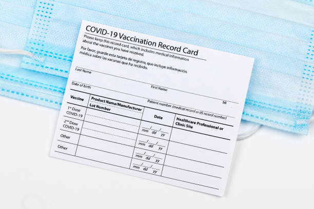 istock Coronavirus vaccination record card. Protective mask divided into two parts. Concept of defeating Covid-19 1361280100