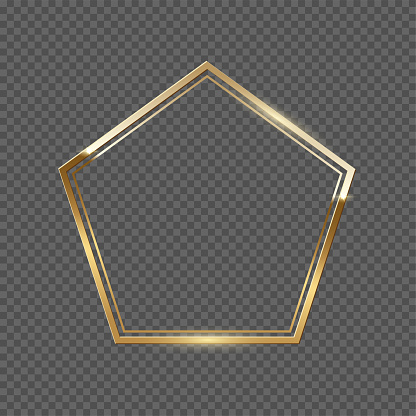 Double golden frame with pentagon shape vector illustration. Realistic 3d elegant golden award lines with glitter, classic geometric presentation, painting frame isolated on transparent background.