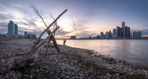 istock The Detroit and Windsor Skylines at Dusk 1361281402