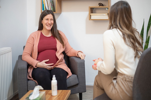 Young pregnant woman having a meeting with a female pregnancy counselor.