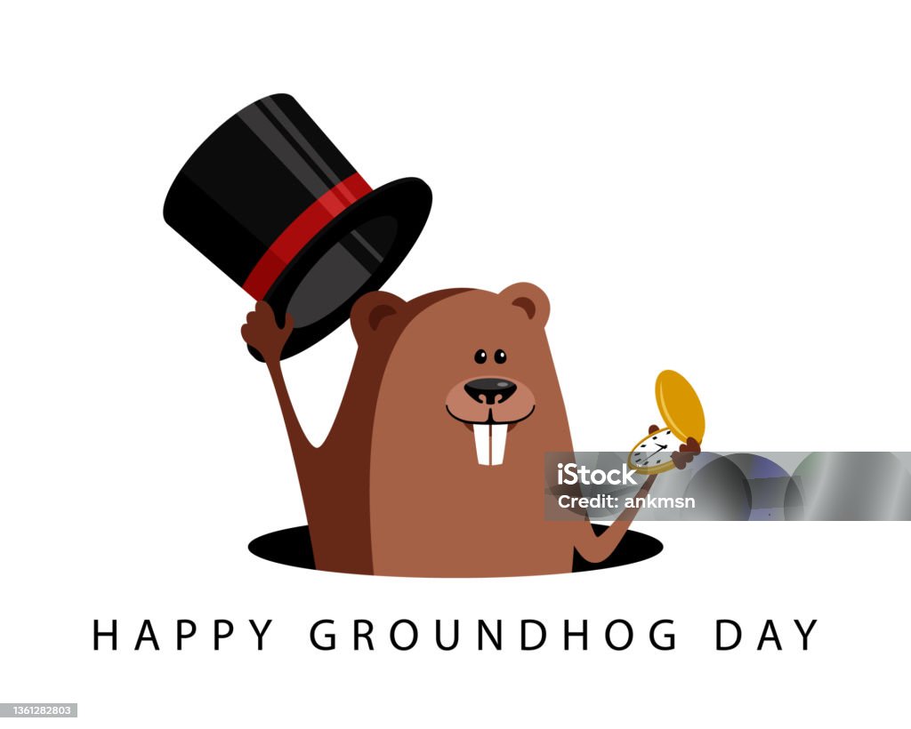 Happy groundhog day celebration. Funny vector cartoon illustration with marmot. - Royalty-free Groundhog Day - Tatil Vector Art