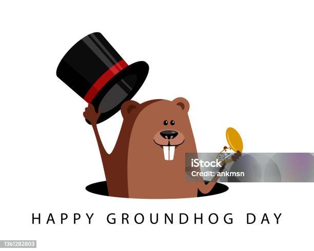 Happy Groundhog Day Celebration Funny Vector Cartoon Illustration With Marmot Stok Vektör Sanatı & Groundhog Day - Tatil‘nin Daha Fazla Görseli