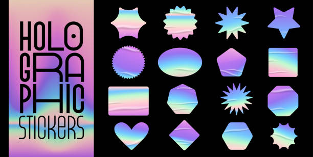 Holographic stickers set Holographic stickers set. Geometric shapes label with rainbow hologram. Vector elements for modern trend design. holographic stock illustrations