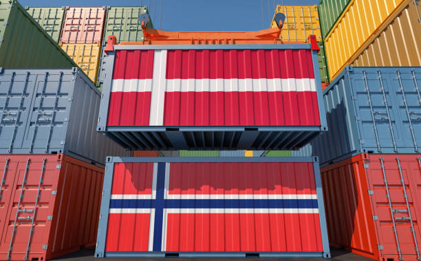 istock Freight containers with Denmark and Norway national flags. 3D Rendering 1361283884