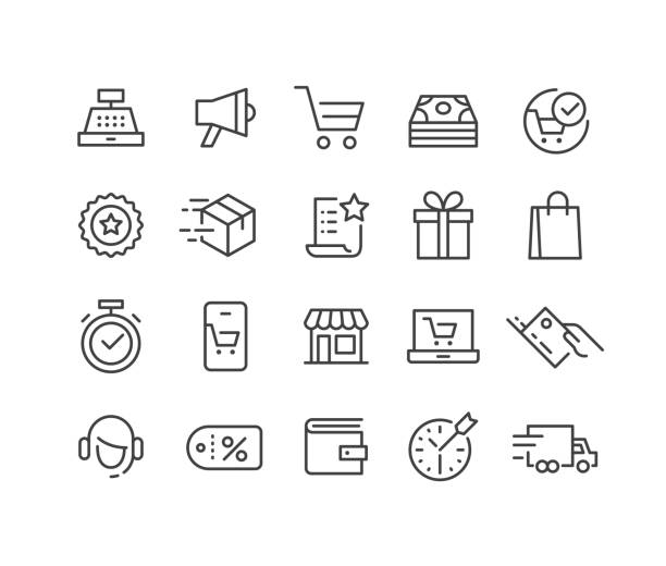 ikony e-commerce - seria classic line - cash register e commerce technology shopping cart stock illustrations