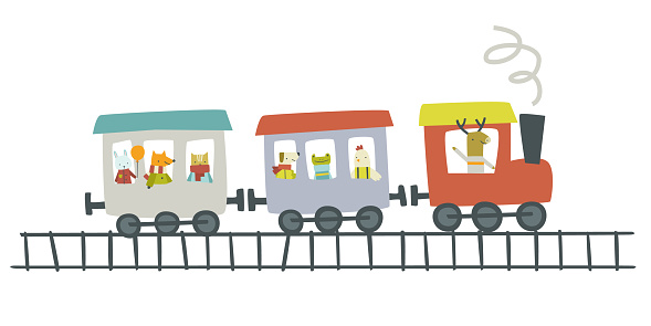 Cute baby train with friendly animals. Abstract cartoon locomotive with wagon travels by railway.