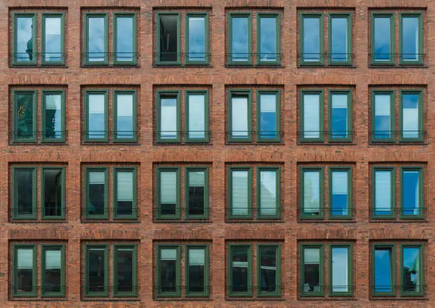 Facade of a Hamburg house with bricks and 48 windows